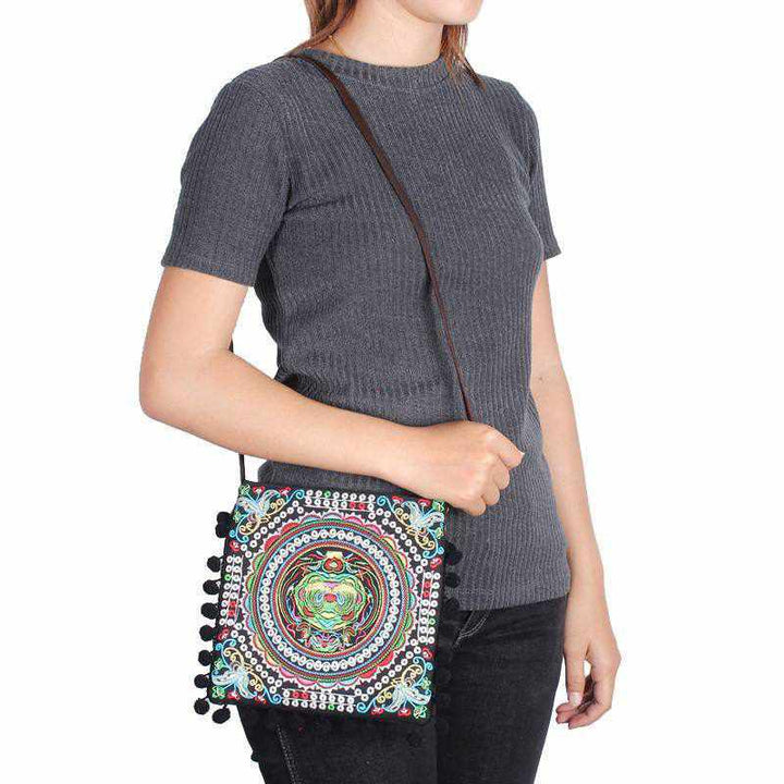 Embroidery Sling Crossbody Bag With Pompoms - Thailand-Bags-Lumily-Lumily MZ Fair Trade Nena & Co Hiptipico Novica Lucia's World emporium
