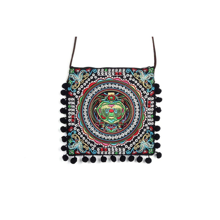 Embroidery Sling Crossbody Bag With Pompoms - Thailand-Bags-Lumily-Silver-Lumily MZ Fair Trade Nena & Co Hiptipico Novica Lucia's World emporium