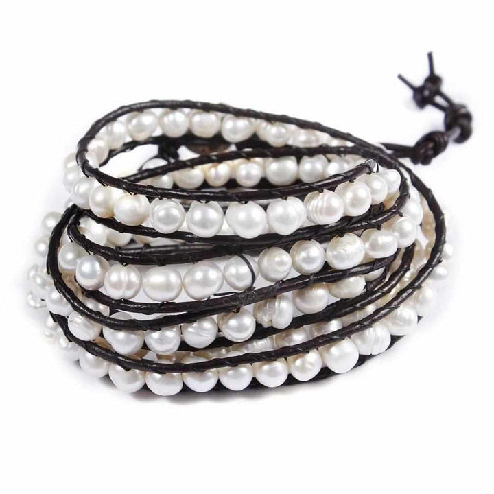 Five Wrap Leather Bracelet - Thailand-Jewelry-Lumily-Pearl-Lumily MZ Fair Trade Nena & Co Hiptipico Novica Lucia's World emporium