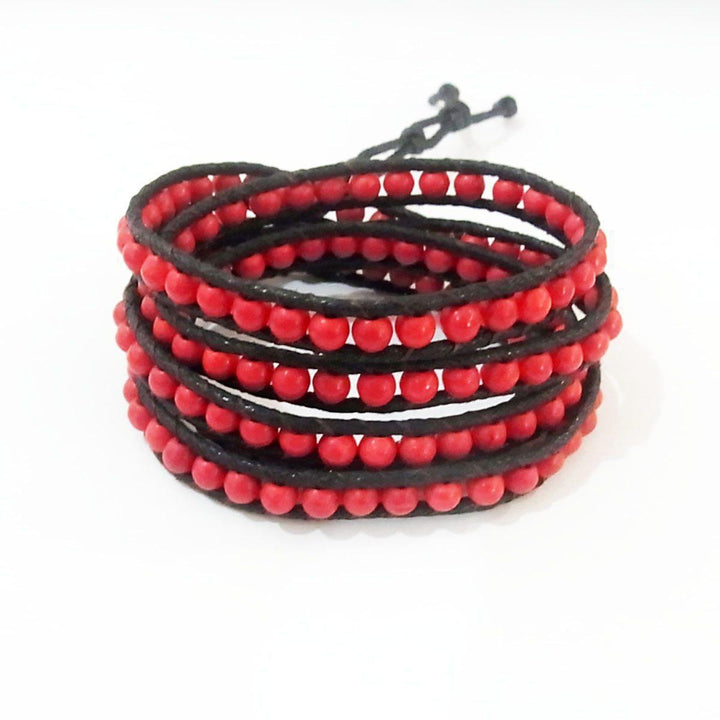 Five Wrap Leather Bracelet - Thailand-Jewelry-Lumily-Red-Lumily MZ Fair Trade Nena & Co Hiptipico Novica Lucia's World emporium