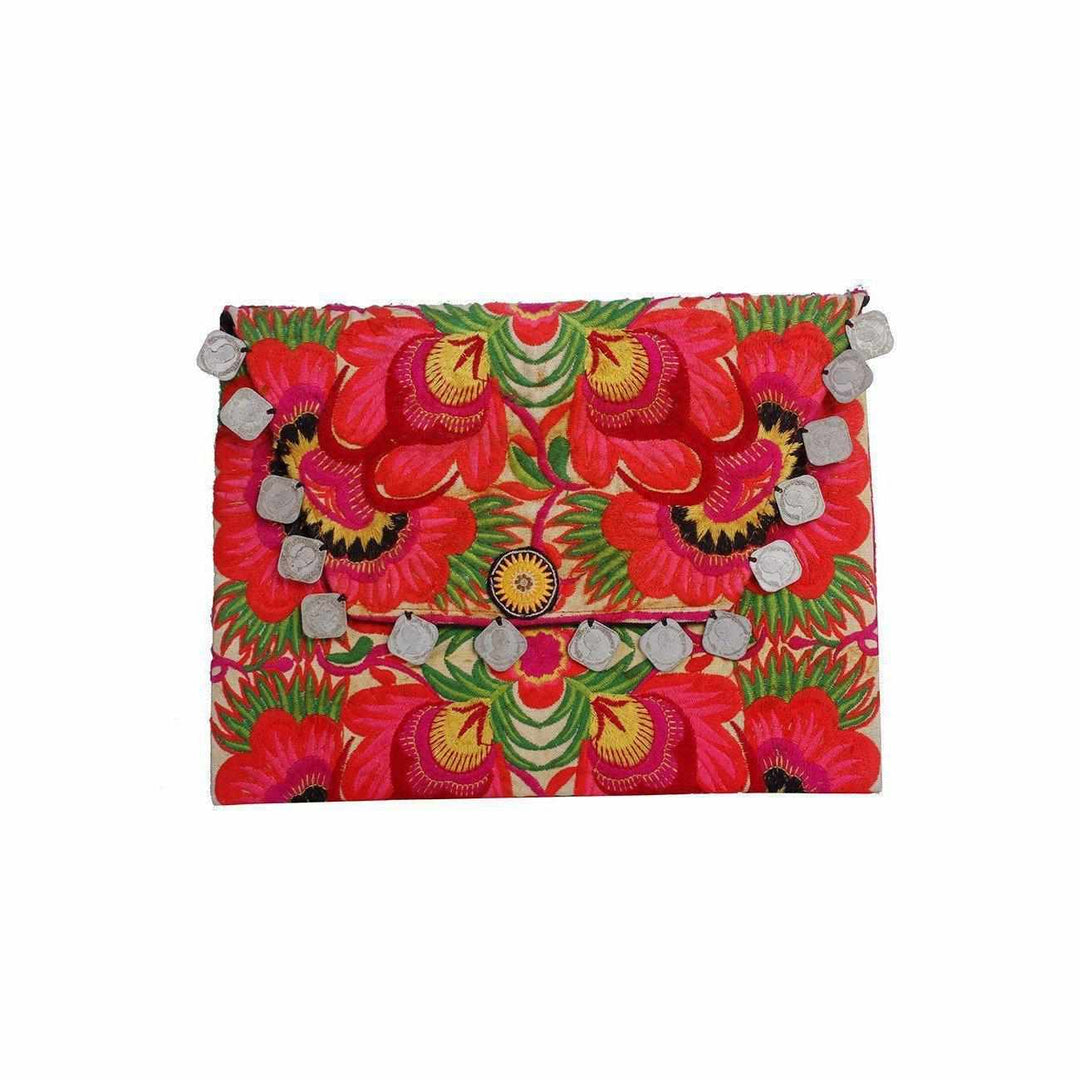 Hmong Embroidered Carnival Coin Clutch | iPad Bag - Thailand-Bags-Lumily-Orange Floral-Lumily MZ Fair Trade Nena & Co Hiptipico Novica Lucia's World emporium