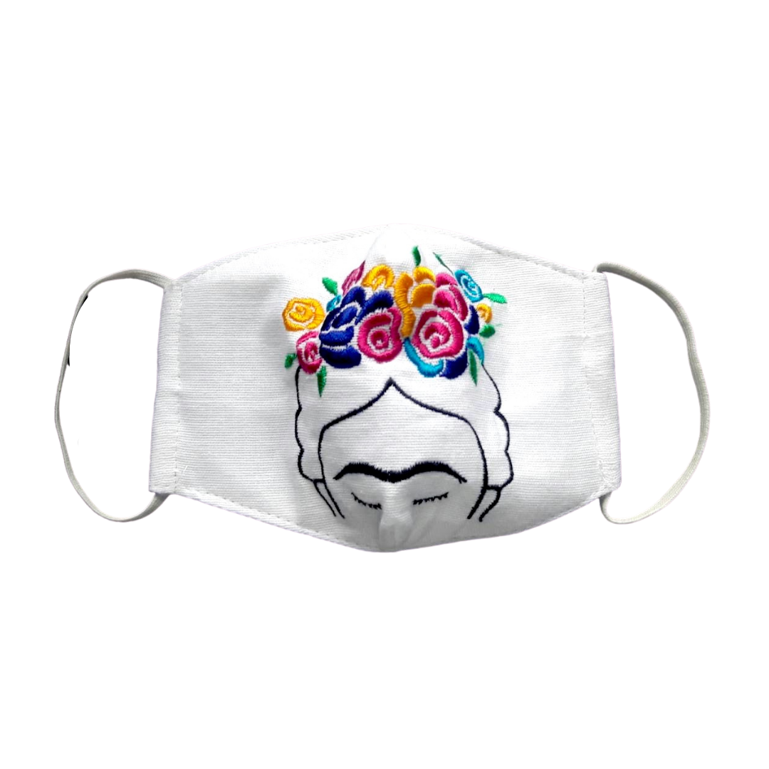 Frida Kahlo Embroidered Face Mask with Filter Pocket - Thailand-Apparel-Nun-White Frida-Lumily MZ Fair Trade Nena & Co Hiptipico Novica Lucia's World emporium