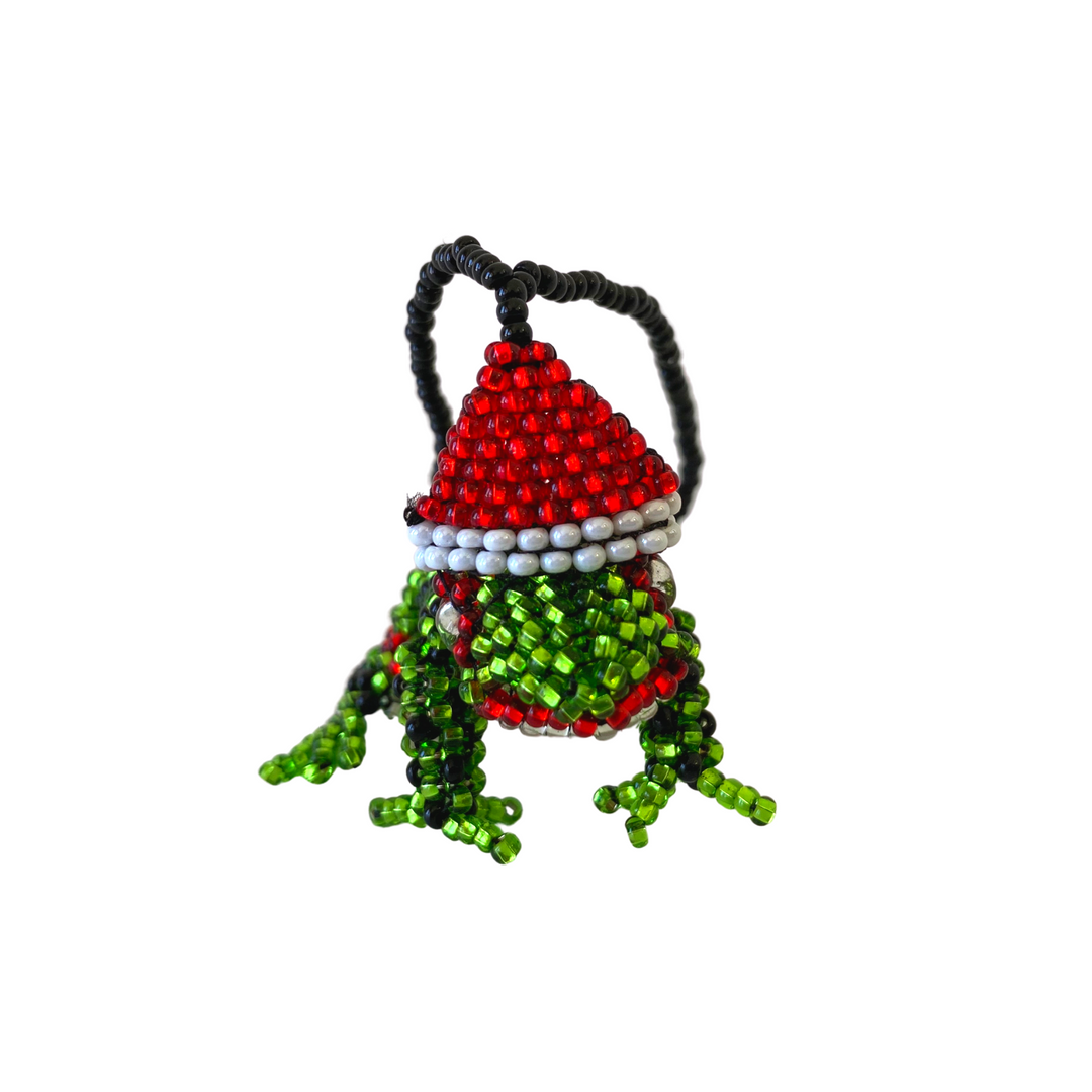 Santa Frog Seed Bead Ornament - Mexico-Decor-Pascuala (MX)-Lumily MZ Fair Trade Nena & Co Hiptipico Novica Lucia's World emporium