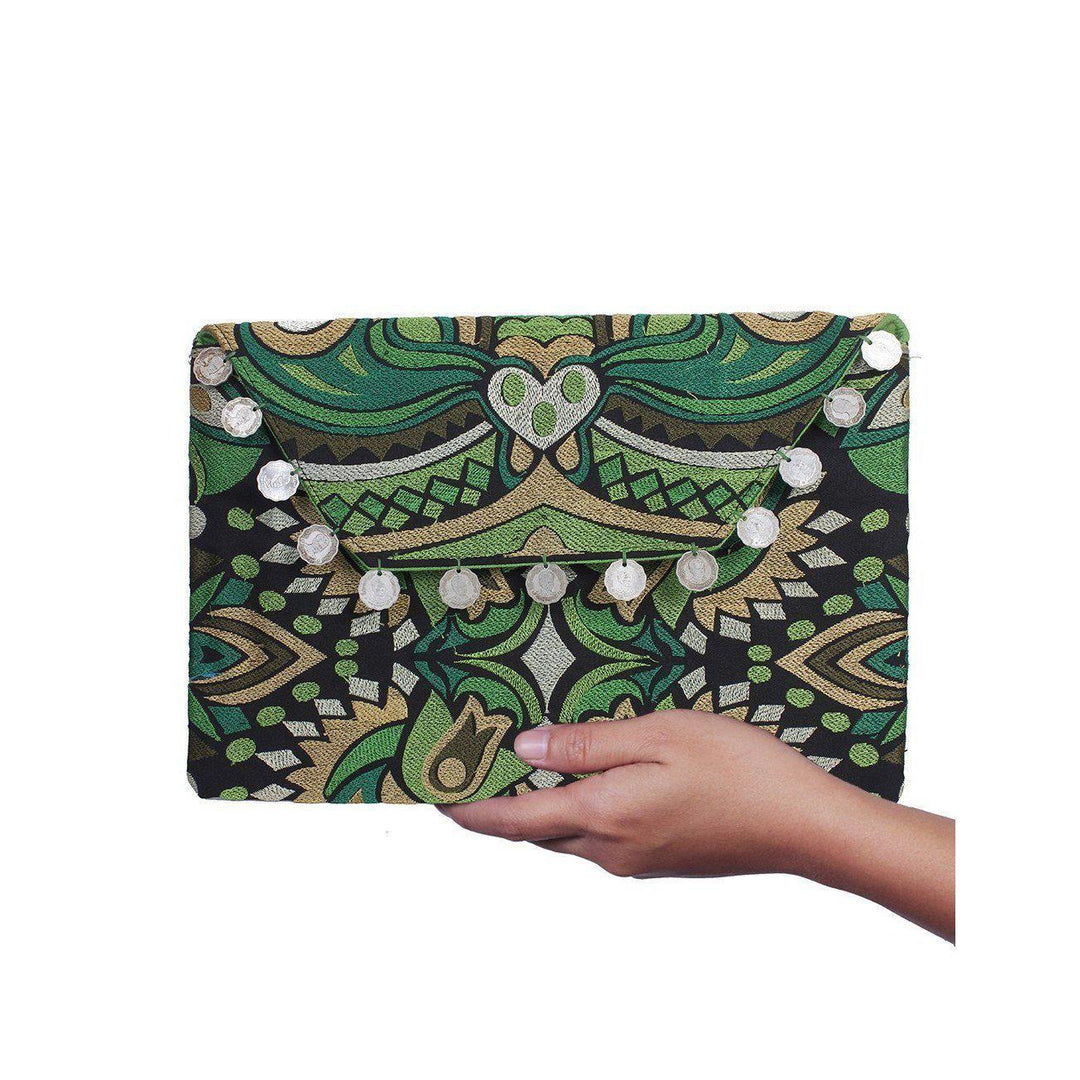 Hmong Embroidered Carnival Coin Clutch | iPad Bag - Thailand-Bags-Lumily-Green-Lumily MZ Fair Trade Nena & Co Hiptipico Novica Lucia's World emporium