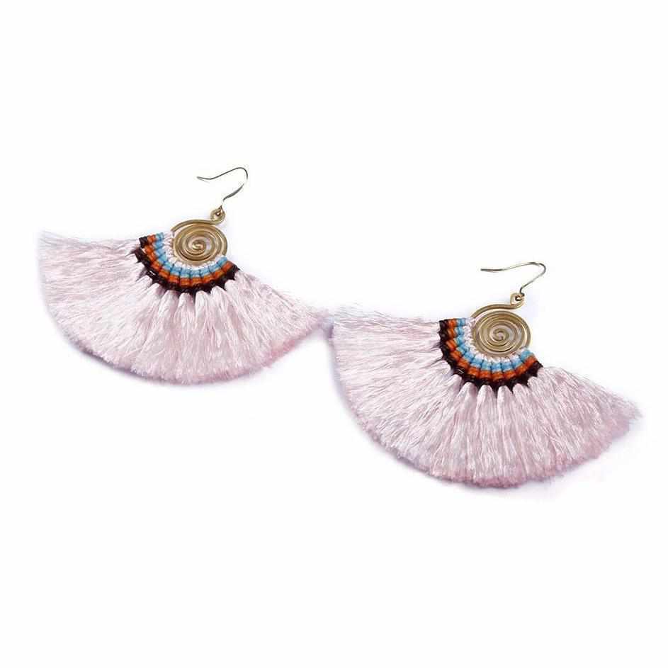 Large Half Moon Tassel Earrings - Thailand-Jewelry-Kannika Chimkam-Light Pink-Lumily MZ Fair Trade Nena & Co Hiptipico Novica Lucia's World emporium