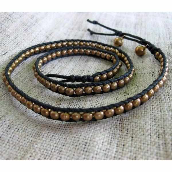 Leather & Beads Three Wrap Bracelet - Thailand-Jewelry-Lumily-Brass-Lumily MZ Fair Trade Nena & Co Hiptipico Novica Lucia's World emporium