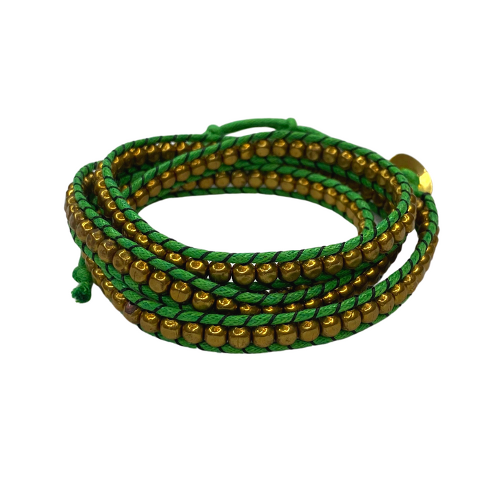 Lime Green & Brass Beads 5-Wrap Bracelet - Thailand-Jewelry-Lumily-Lumily MZ Fair Trade Nena & Co Hiptipico Novica Lucia's World emporium