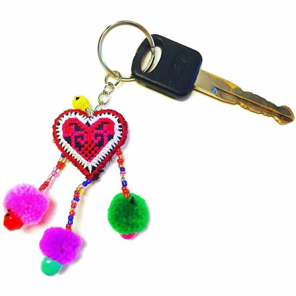 Love Heart Pompom Bells Multicolor Key Chain - Thailand
