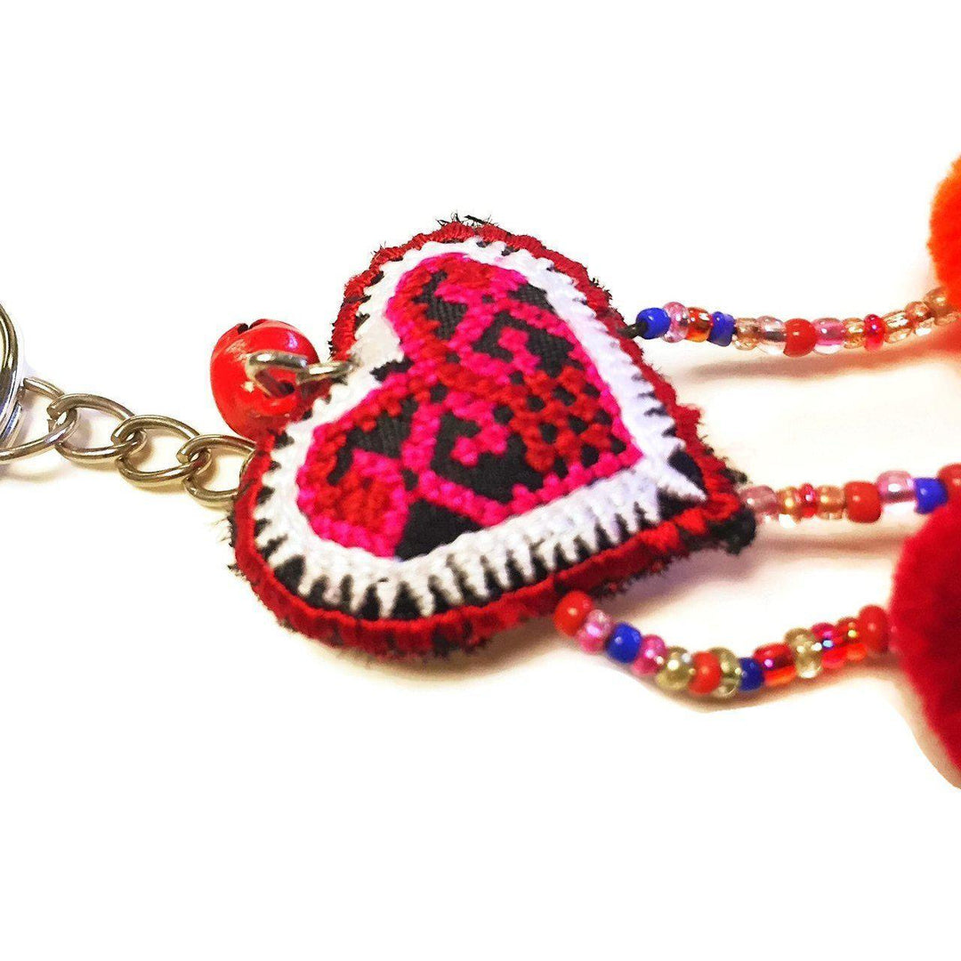 Love Heart Pompom Bells Multicolor Key Chain - Thailand-Keychains-Saowani (Nee Joy Shop - TH)-Lumily MZ Fair Trade Nena & Co Hiptipico Novica Lucia's World emporium