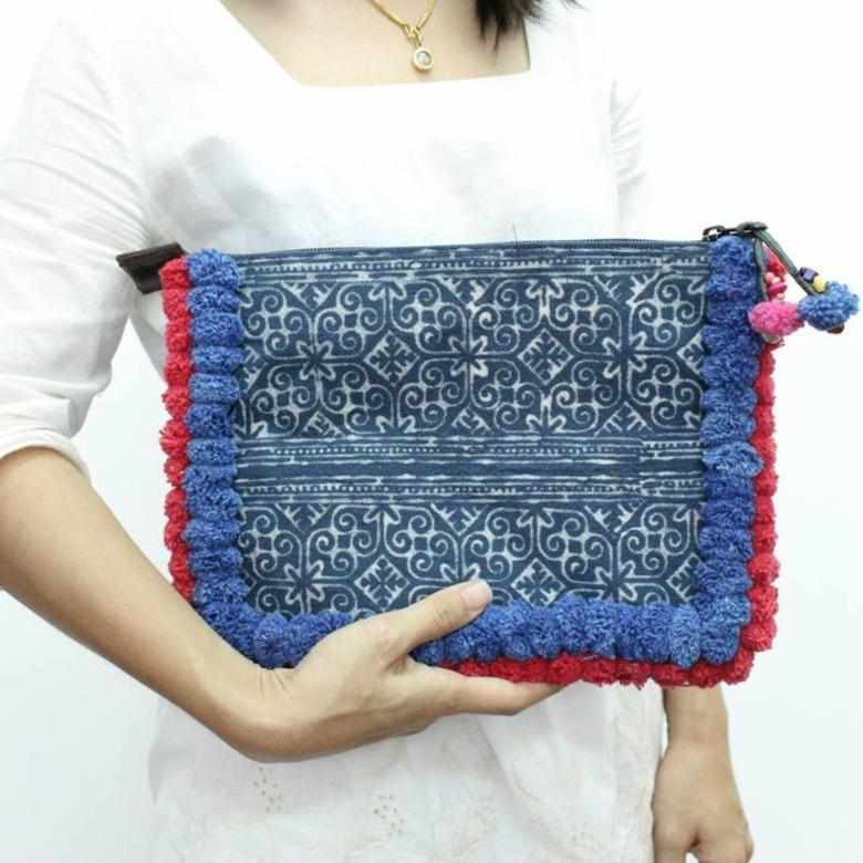 Oasis Batik PomPom iPad Clutch - Thailand-Bags-Pranee Shop-Blue & Red-Lumily MZ Fair Trade Nena & Co Hiptipico Novica Lucia's World emporium