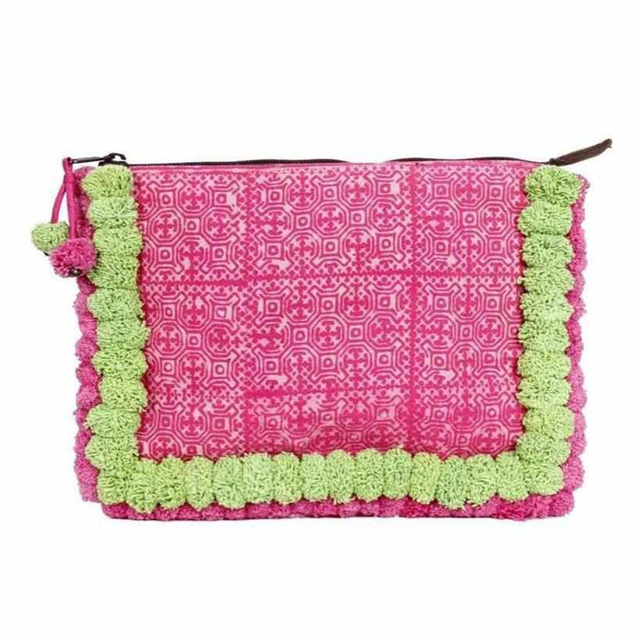 Oasis Batik PomPom iPad Clutch - Thailand-Bags-Pranee Shop-Pink & Green-Lumily MZ Fair Trade Nena & Co Hiptipico Novica Lucia's World emporium