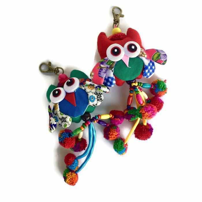 Owl w/ Pom Pom Bag Charm / Zipper Pull - Thailand-Zipper Pulls-Lumily-Lumily MZ Fair Trade Nena & Co Hiptipico Novica Lucia's World emporium