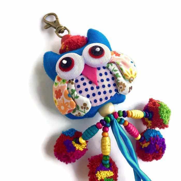 Owl w/ Pom Pom Bag Charm / Zipper Pull - Thailand-Zipper Pulls-Lumily-Lumily MZ Fair Trade Nena & Co Hiptipico Novica Lucia's World emporium