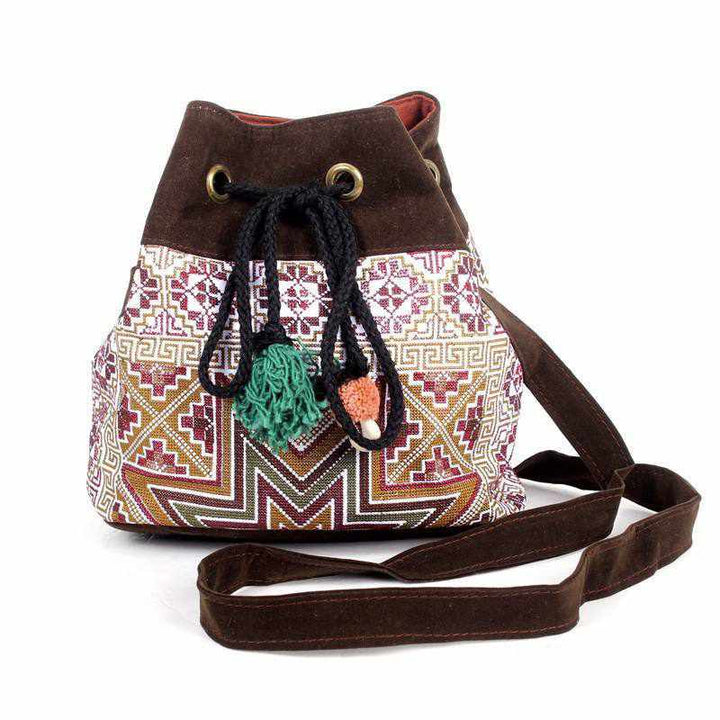 Star Hmong Embroidered Bucket Bag - Thailand-Bags-Lumily-Brown-Lumily MZ Fair Trade Nena & Co Hiptipico Novica Lucia's World emporium