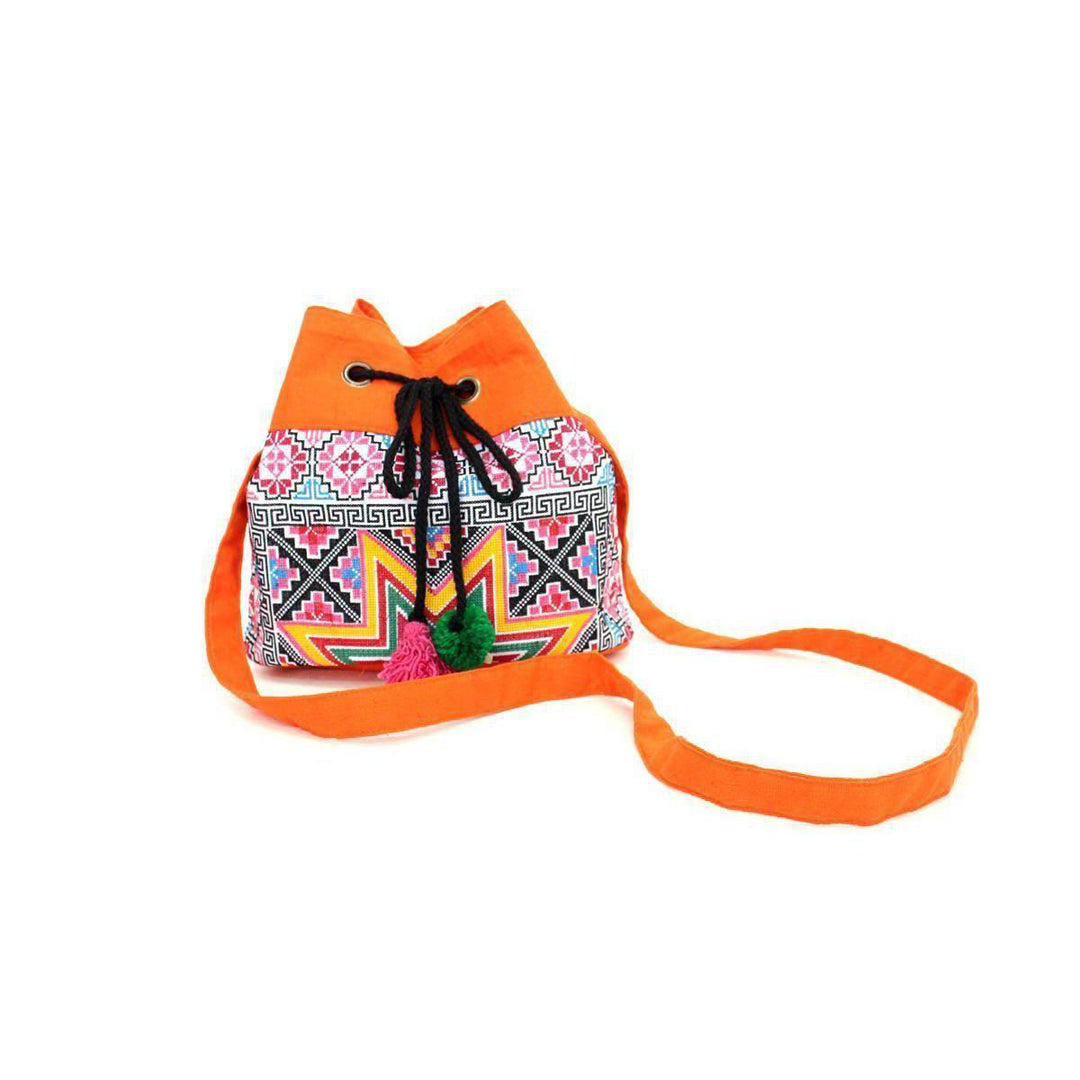 Star Hmong Embroidered Bucket Bag - Thailand-Bags-Lumily-Orange-Lumily MZ Fair Trade Nena & Co Hiptipico Novica Lucia's World emporium