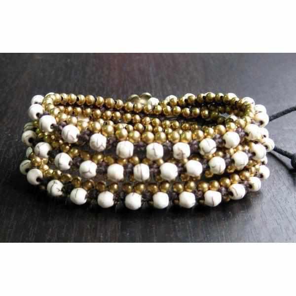 Stone and Brass Beads Three Wrap Bracelet - Thailand-Jewelry-Lumily-White Stone-Lumily MZ Fair Trade Nena & Co Hiptipico Novica Lucia's World emporium
