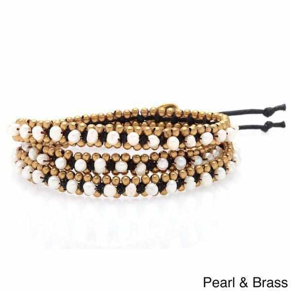Stone and Brass Beads Three Wrap Bracelet - Thailand-Jewelry-Lumily-Pearl-Lumily MZ Fair Trade Nena & Co Hiptipico Novica Lucia's World emporium