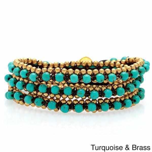 Stone and Brass Beads Three Wrap Bracelet - Thailand-Jewelry-Lumily-Lumily MZ Fair Trade Nena & Co Hiptipico Novica Lucia's World emporium