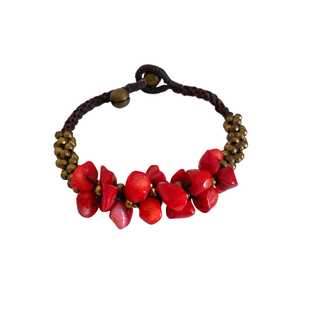 Cluster Brass Bead & Stone Bracelet - Thailand-Bracelets-Lumily-Red-Lumily MZ Fair Trade Nena & Co Hiptipico Novica Lucia's World emporium