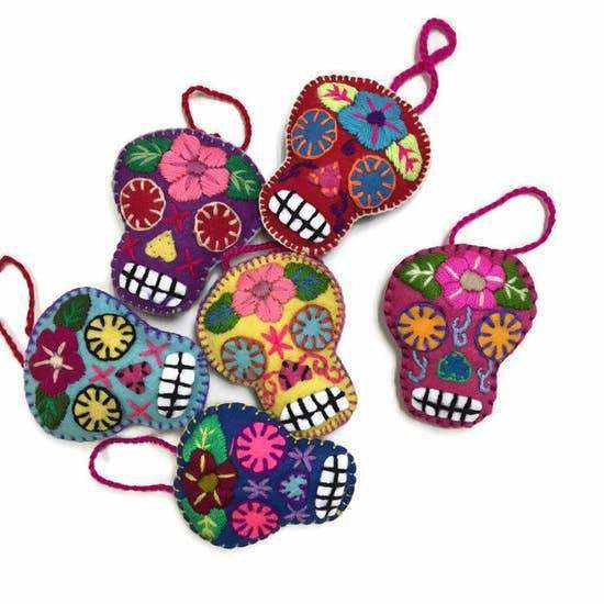Hand-Embroidered Sugar Skull Ornament - Mexico-Decor-Lumily-6 Pack-Lumily MZ Fair Trade Nena & Co Hiptipico Novica Lucia's World emporium