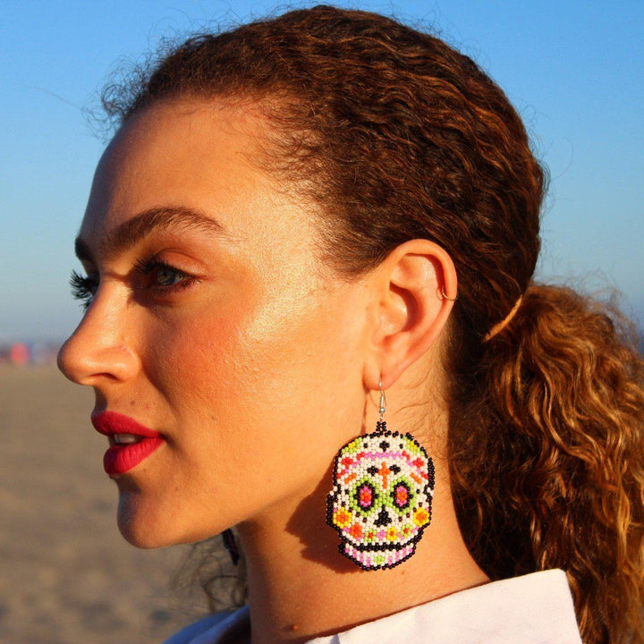 Sugar Skull Seed Bead Earrings - Guatemala-Jewelry-David (GU)-Lumily MZ Fair Trade Nena & Co Hiptipico Novica Lucia's World emporium