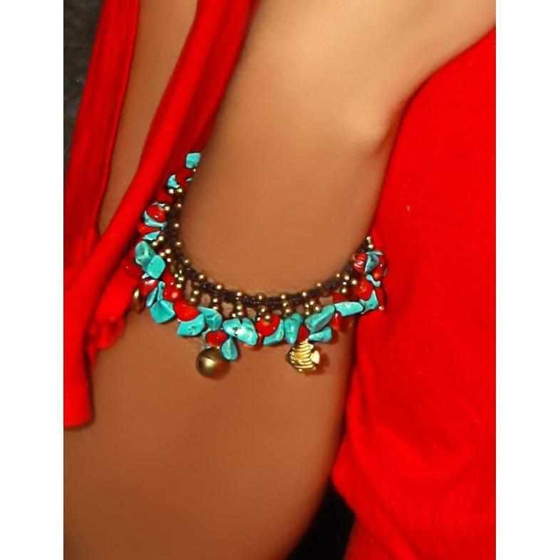 Turquoise and Coral Hmong Bracelet - Thailand-Jewelry-Lumily-Lumily MZ Fair Trade Nena & Co Hiptipico Novica Lucia's World emporium