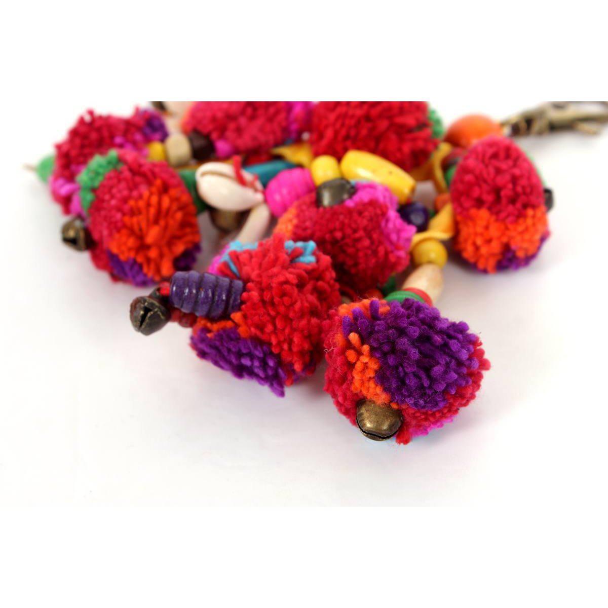 Pom Pom Zipper Pull with Wood Beads and Shells | Handmade Keychain
